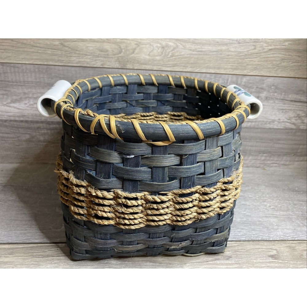 Vintage Bamboo Woven Basket Blue With Porcelain Handle